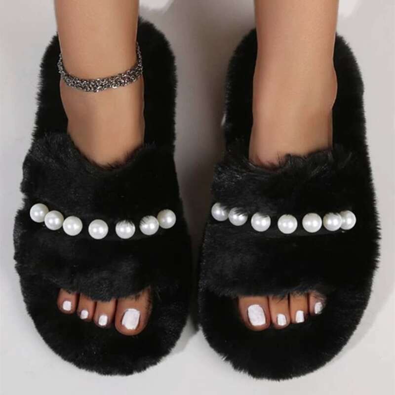 

Faux Pearl Decor Fluffy Slippers, Black