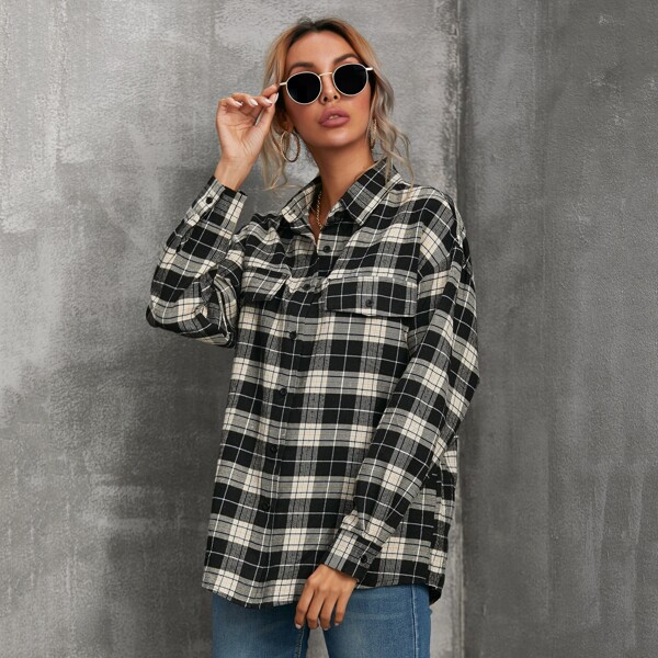 

Drop Shoulder Tartan Blouse, Black and white