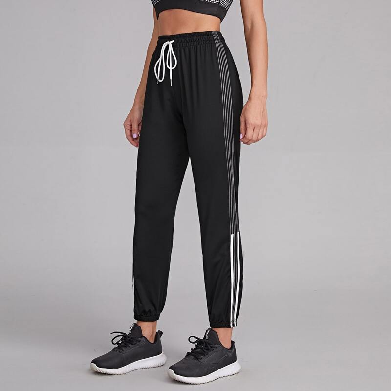 

Striped Drawstring Waist Sports Pants, Black