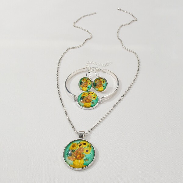 

4pcs Art Painting Print Decor Jewelry Set, Silver