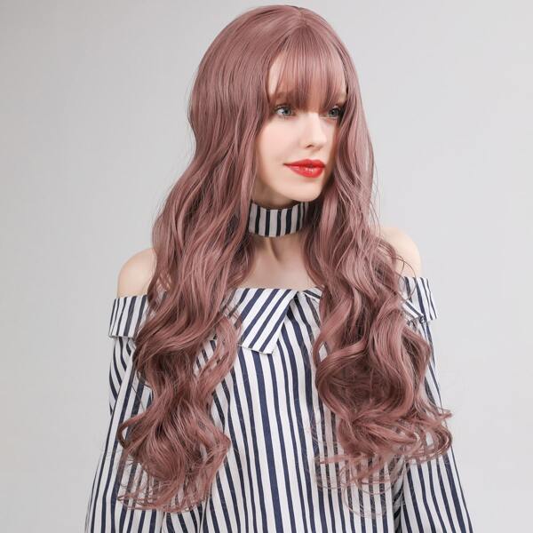 

Natural Long Curly Wig With Bangs, Pink