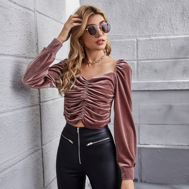 

Puff Sleeve Ruched Cord Crop Top, Redwood