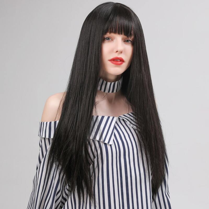 

Natural Long Straight Wig With Bangs, Black