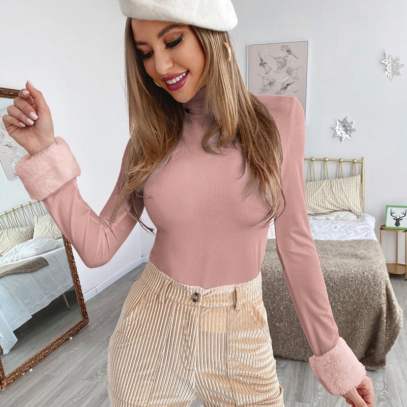 

High Neck Contrast Faux Fur Tee, Dusty pink