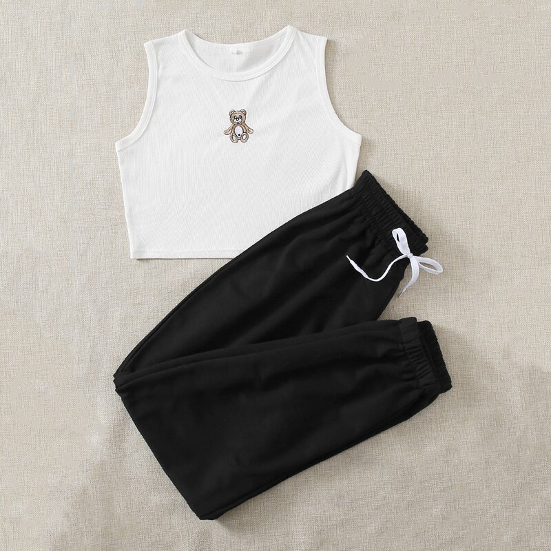 

Bear Embroidery Tank Top & Drawstring Sweatpants, Black and white