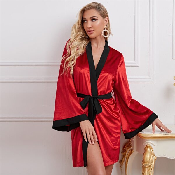 

Velvet Contrast Trim Belted Night Robe, Red