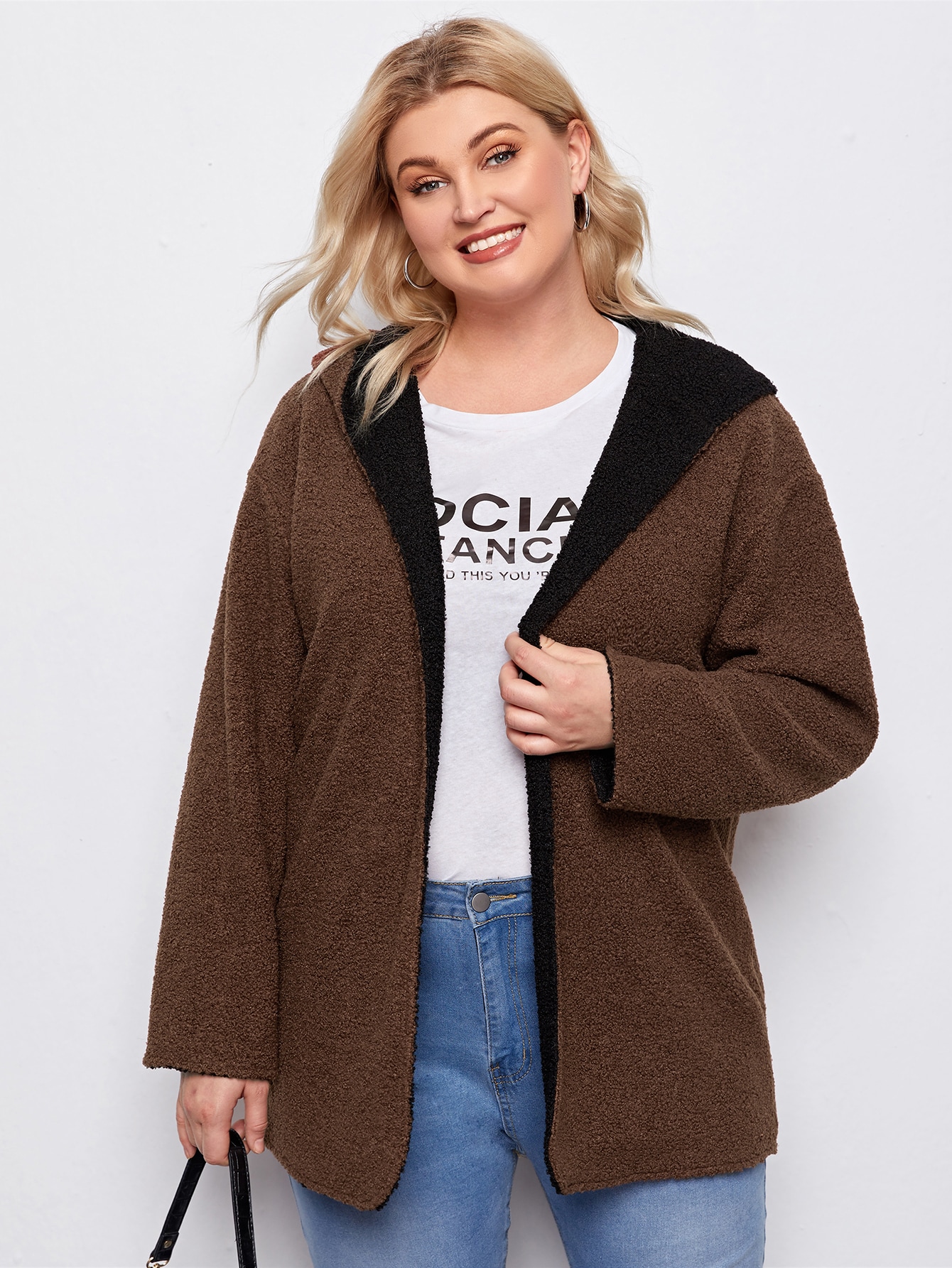 Plus Drop Shoulder Hooded Reversible Teddy Coat thumbnail