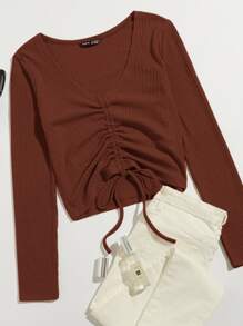 SHEIN Qutie Camiseta tejida de canalé con cordón delantero - Óxido marrón - Ver 1