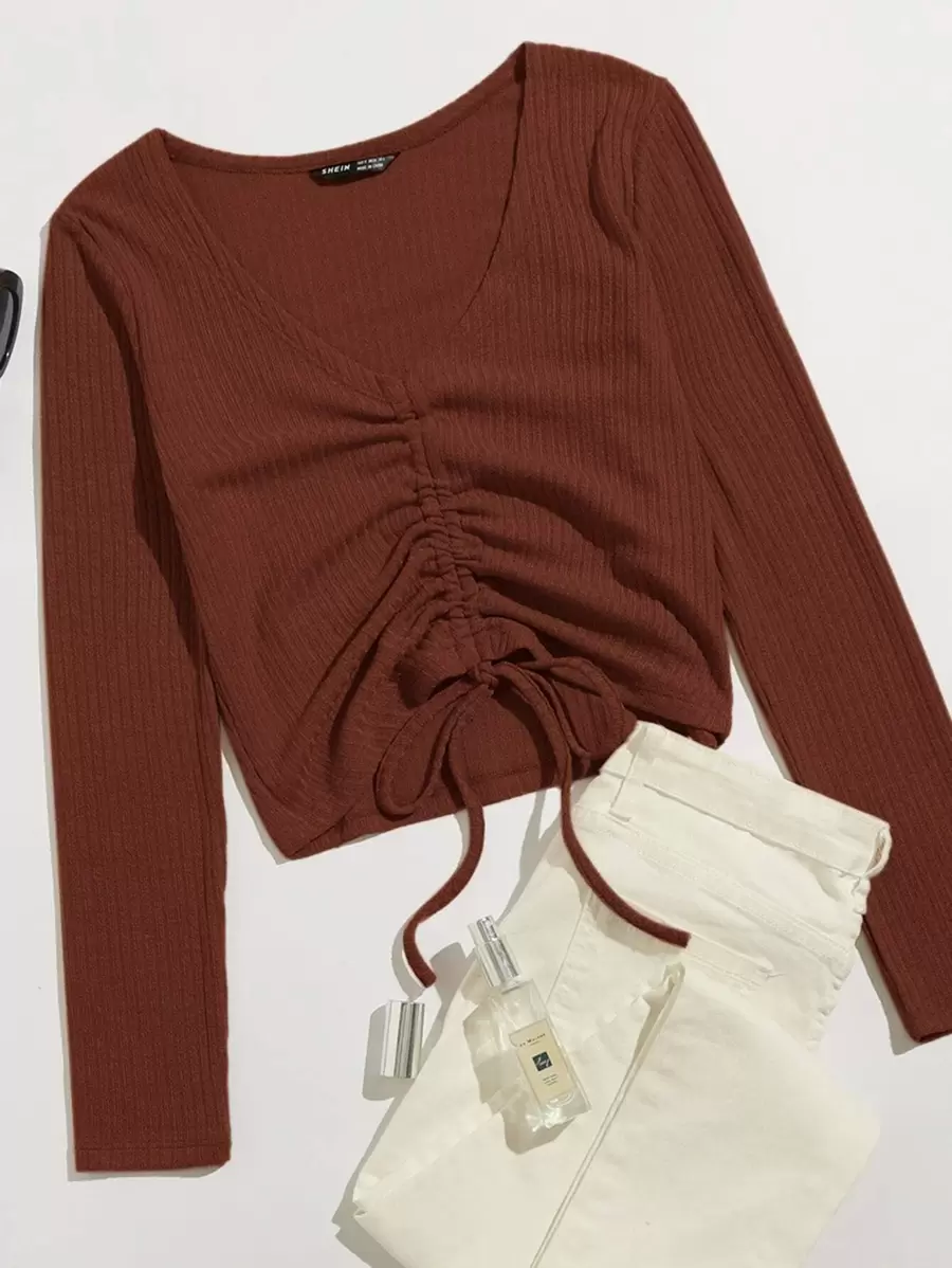 SHEIN Qutie Camiseta tejida de canalé con cordón delantero - Óxido marrón - Ver 1
