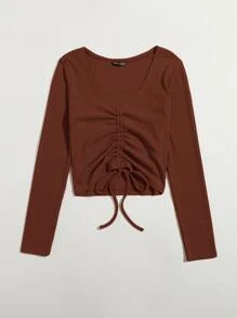 SHEIN Qutie Camiseta tejida de canalé con cordón delantero - Óxido marrón - Ver 3