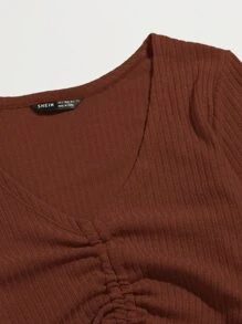 SHEIN Qutie Camiseta tejida de canalé con cordón delantero - Óxido marrón - Ver 5