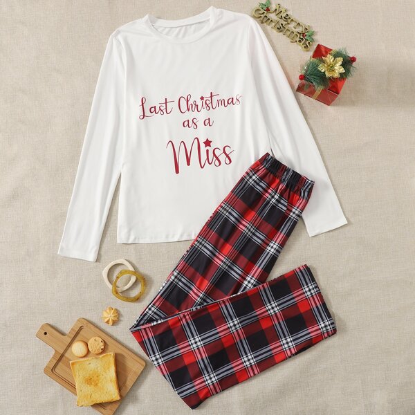 

Slogan Graphic Tee With Plaid Pants Pajama Set, Multicolor