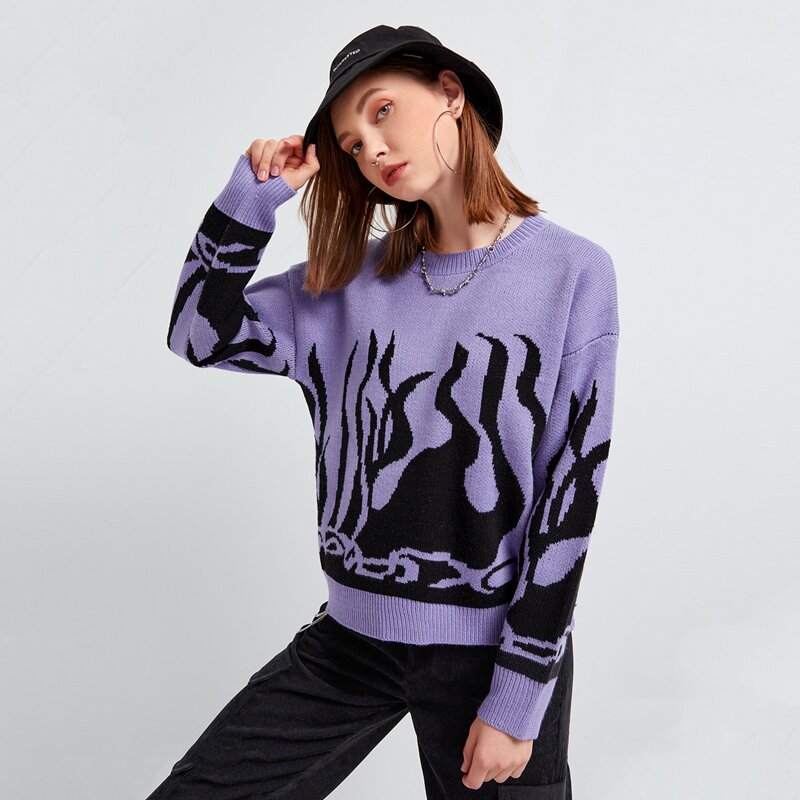 

Fire Pattern Drop Shoulder Sweater, Violet purple
