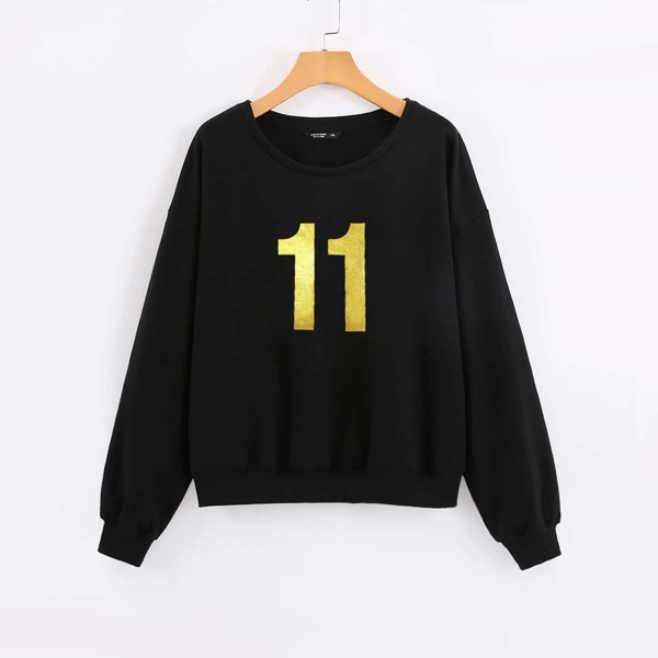 

Plus Number Print Drop Shoulder Sweatshirt, Black