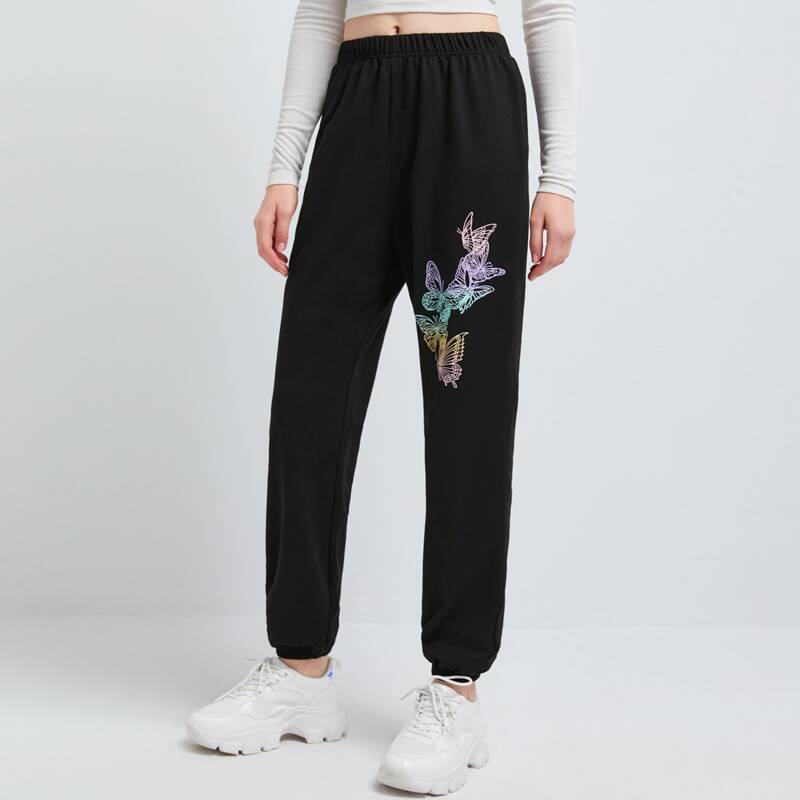 

Butterfly Print Joggers, Black