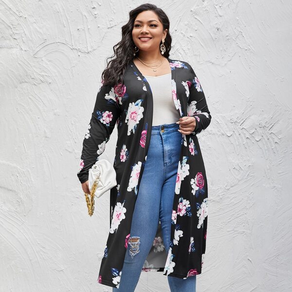 

Plus Floral Print Open Front Coat, Multicolor