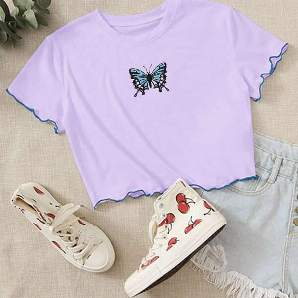 

Butterfly Print Lettuce Trim Crop Tee, Lilac purple