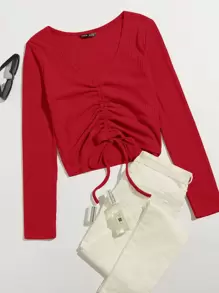 SHEIN Qutie Camiseta tejida de canalé con cordón delantero - Rojo - Ver 1