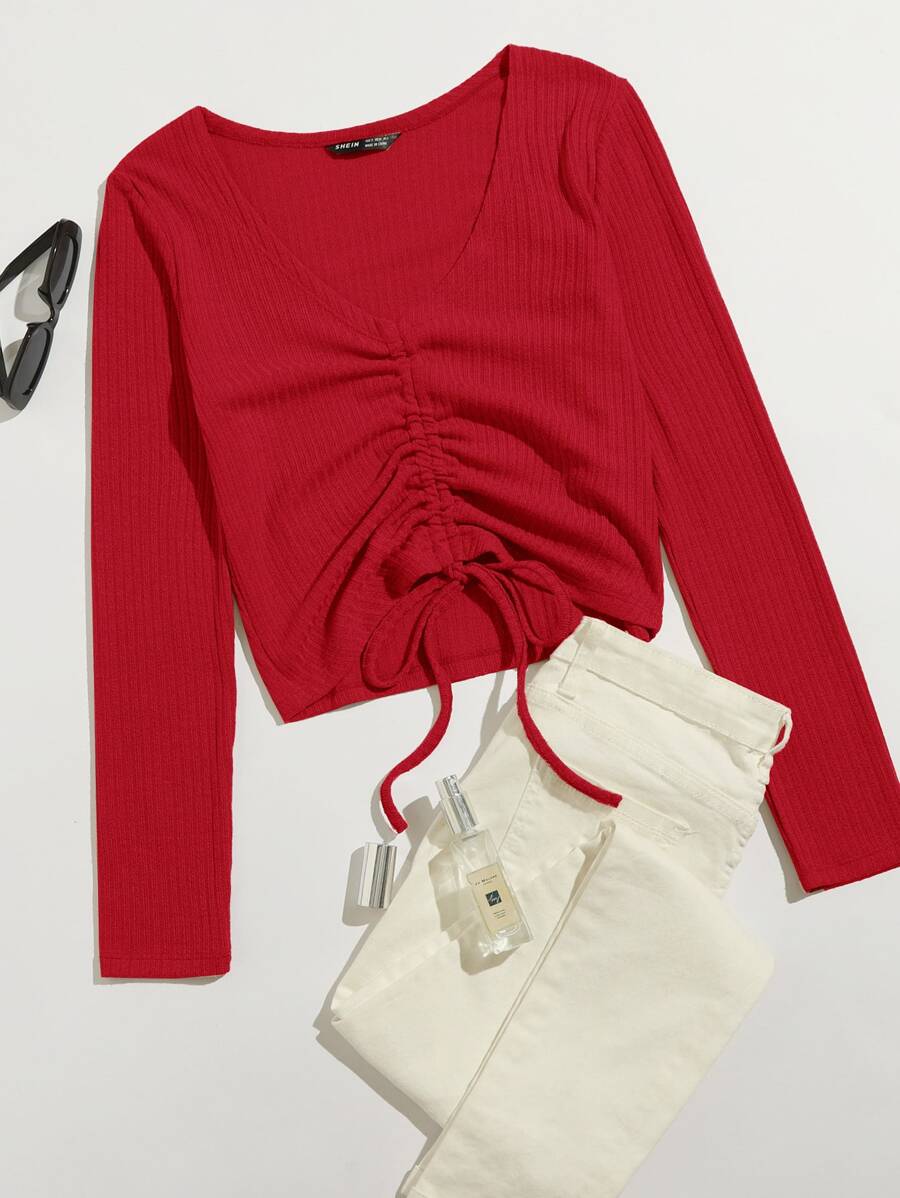 SHEIN Qutie Camiseta tejida de canalé con cordón delantero - Rojo - Ver 1