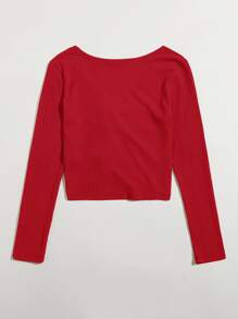 SHEIN Qutie Camiseta tejida de canalé con cordón delantero - Rojo - Ver 2
