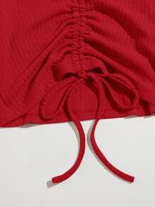 SHEIN Qutie Camiseta tejida de canalé con cordón delantero - Rojo - Ver 3