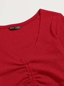 SHEIN Qutie Camiseta tejida de canalé con cordón delantero - Rojo - Ver 4