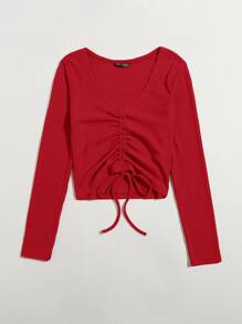 SHEIN Qutie Camiseta tejida de canalé con cordón delantero - Rojo - Ver 5