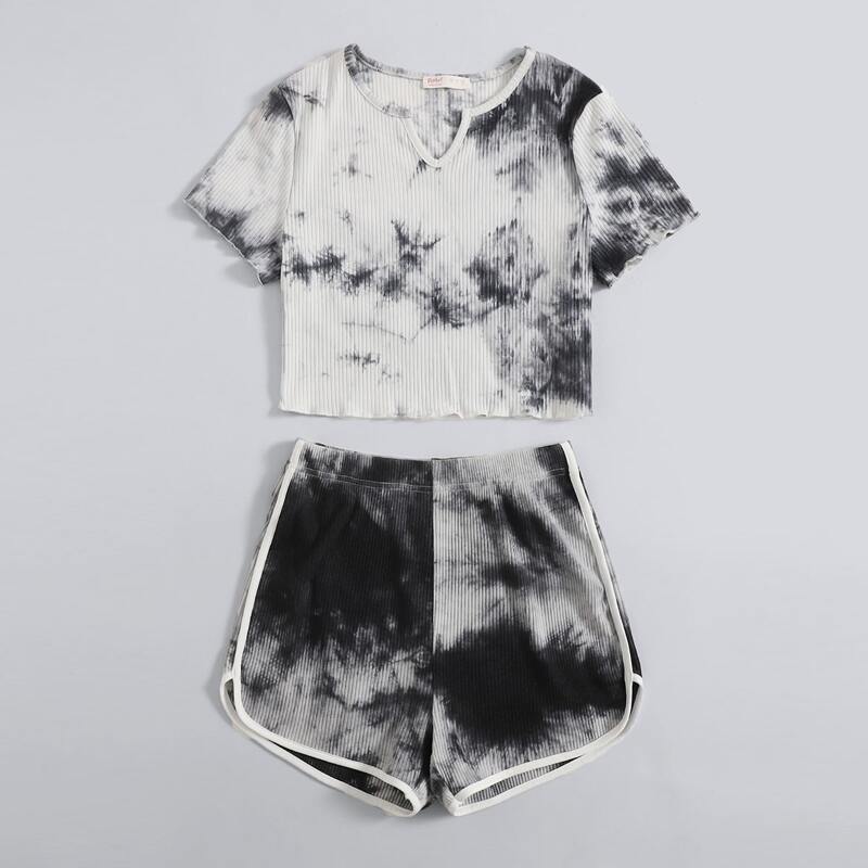 

Tie Dye Notched Tee & Dolphin Shorts, Black and white