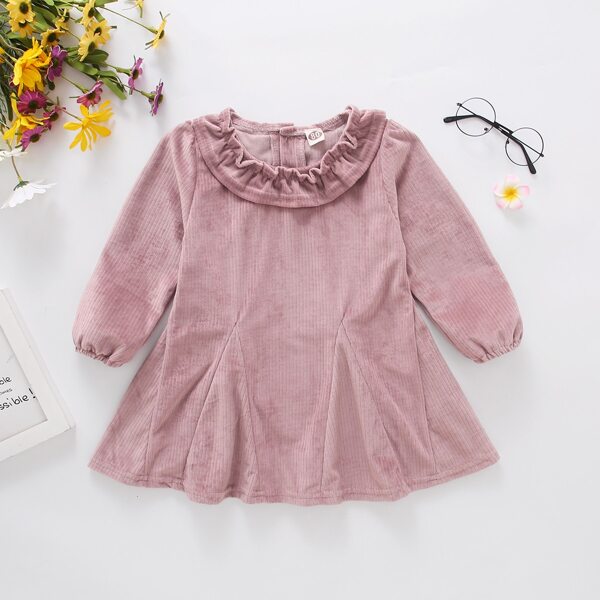 

Baby Girl Ruffle Neck Solid Corduroy Dress, Dusty pink