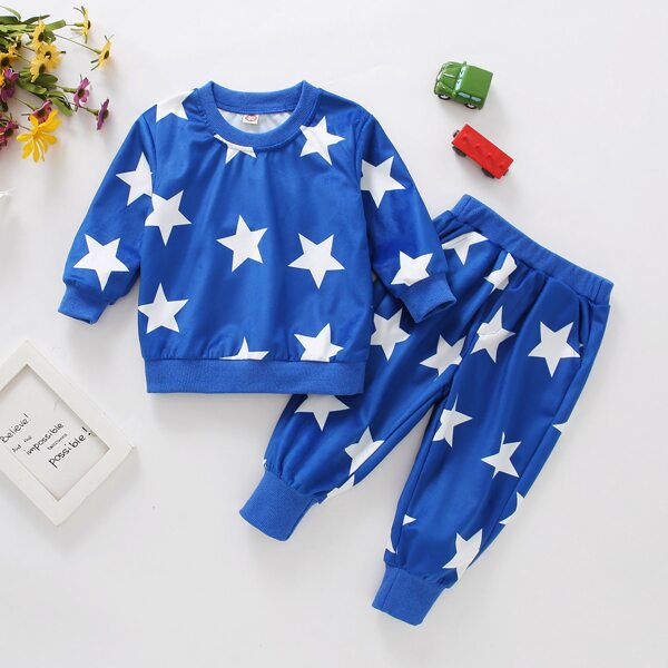 

Baby Unisex Allover Star Print Sweatshirt & Sweatpants Set, Blue and white