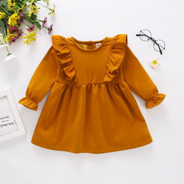 

Baby Girl Ruffle Trim Button Back Smock Dress, Mustard yellow
