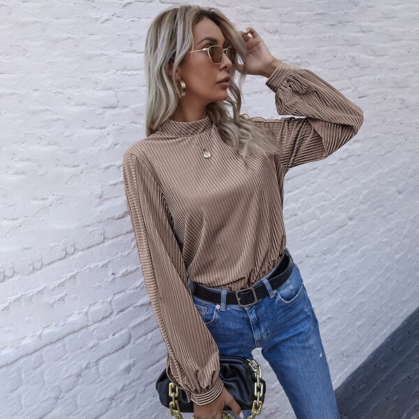 

Mock Neck Ribbed Velvet Top, Mocha brown