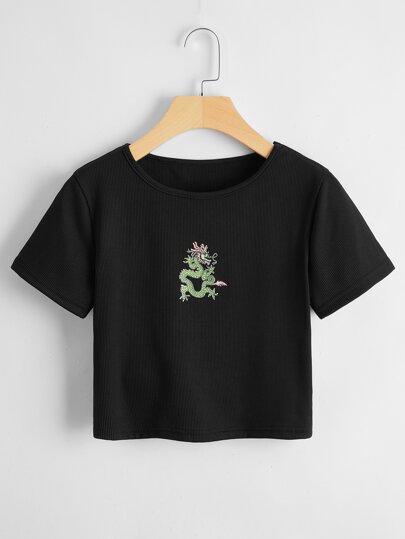 Chinese Dragon Pattern Ribbed Crop Tee