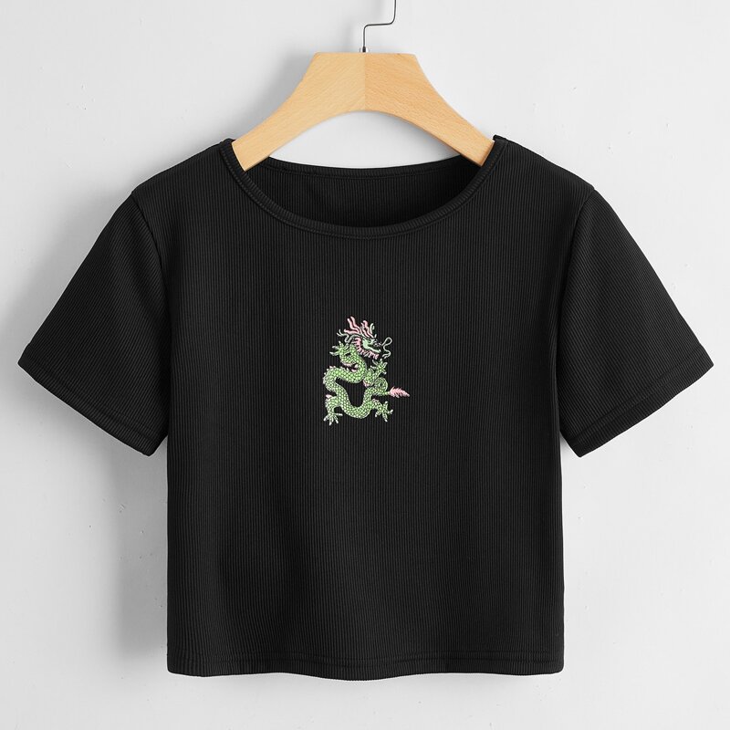 

Chinese Dragon Pattern Ribbed Crop Tee, Black