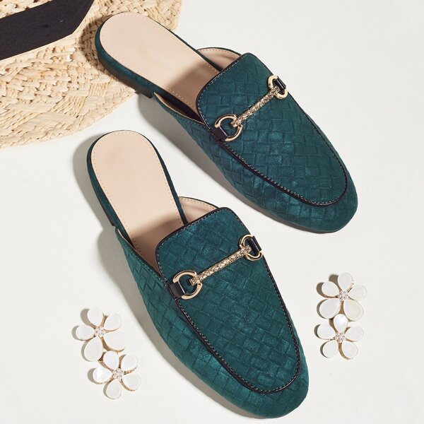 

Horsebit Decor Braided Embossed Loafer Mules, Green