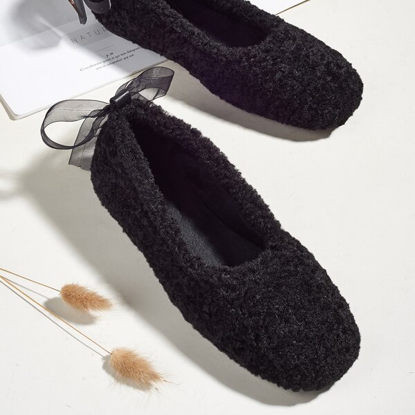 

Minimalist Bow Decor Fluffy Flats, Black