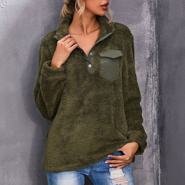 

Half Button Flap Pocket Teddy Sweatshirt, Army green