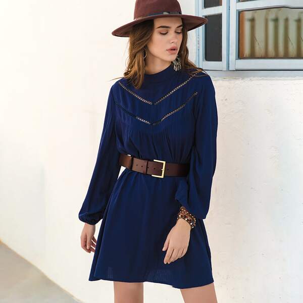 

Lantern Sleeve Lace Insert Dress Without Belt, Navy blue