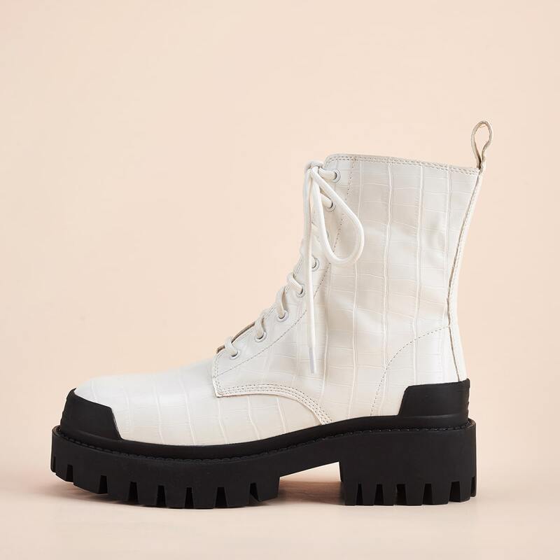 

Croc Embossed Lace-up Front Combat Boots, White