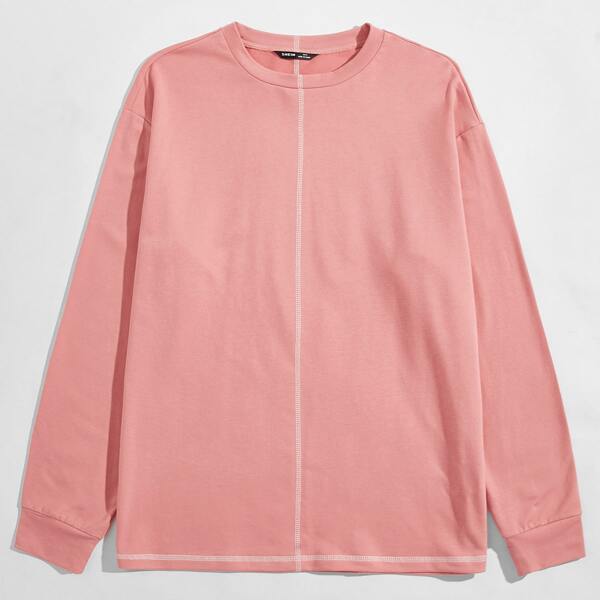 

Men Drop Shoulder Contrast Stitch Pullover, Coral pink