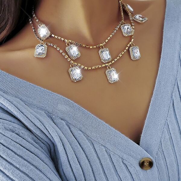 

2pcs Rhinestone Geo Charm Necklace, Gold