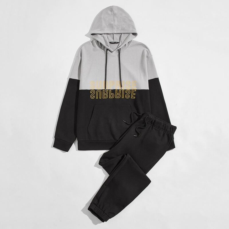 

Guys Letter Graphic Colorblock Drawstring Hoodie & Joggers Set, Multicolor