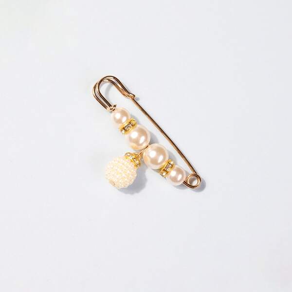 

Faux Pearl Decor Safety Pin Design Brooch, Gold