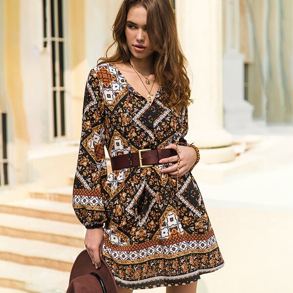 

Lantern Sleeve Scarf Print Dress Without Belt, Multicolor