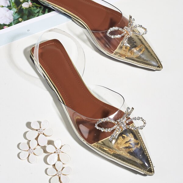 

Clear Rhinestone Bow Decor Slingback Flats, Gold