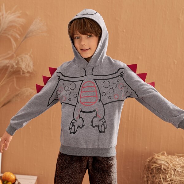 

Boys Dinosaur Print Triangle Trim Hoodie, Grey