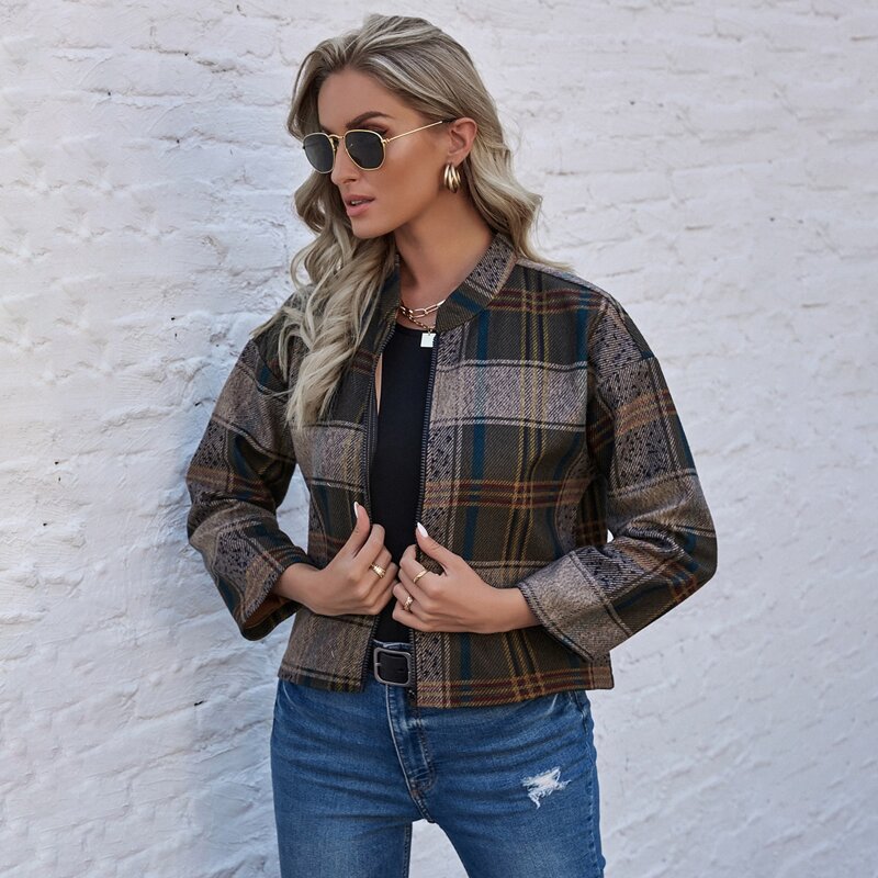 

Plaid Drop Shoulder Zip Up Jacket, Multicolor