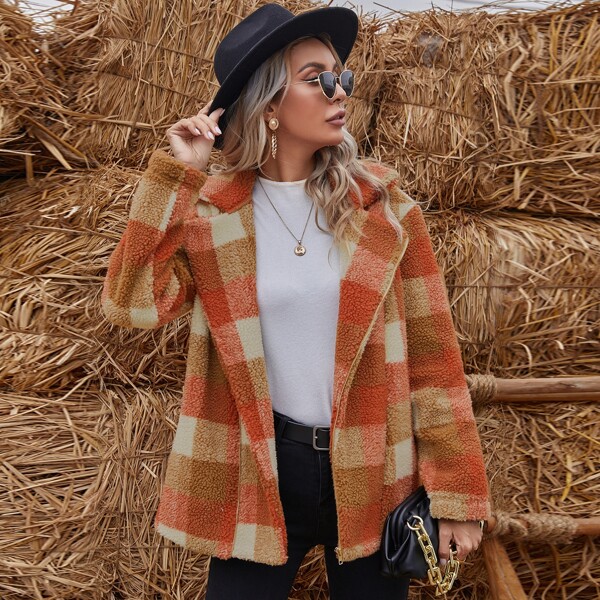 

Plaid Lapel Neck Teddy Coat, Multicolor