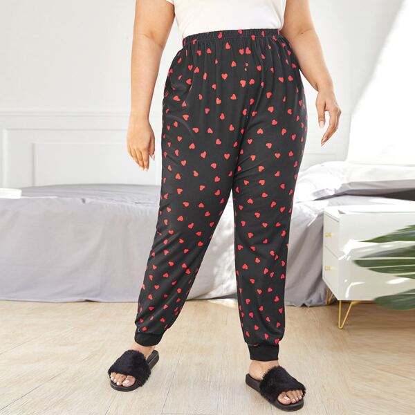 

Plus Allover Heart Print Sleep Pants, Black