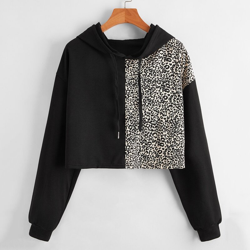 

Contrast Leopard Drawstring Crop Hoodie, Multicolor